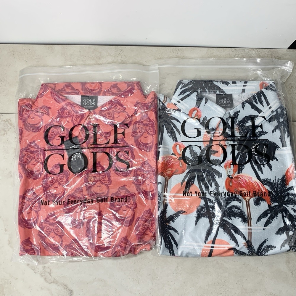 Golf Gods Australia Men Size Large Polo Shirt Lot 2 Tops Pink Monkey Blue Print